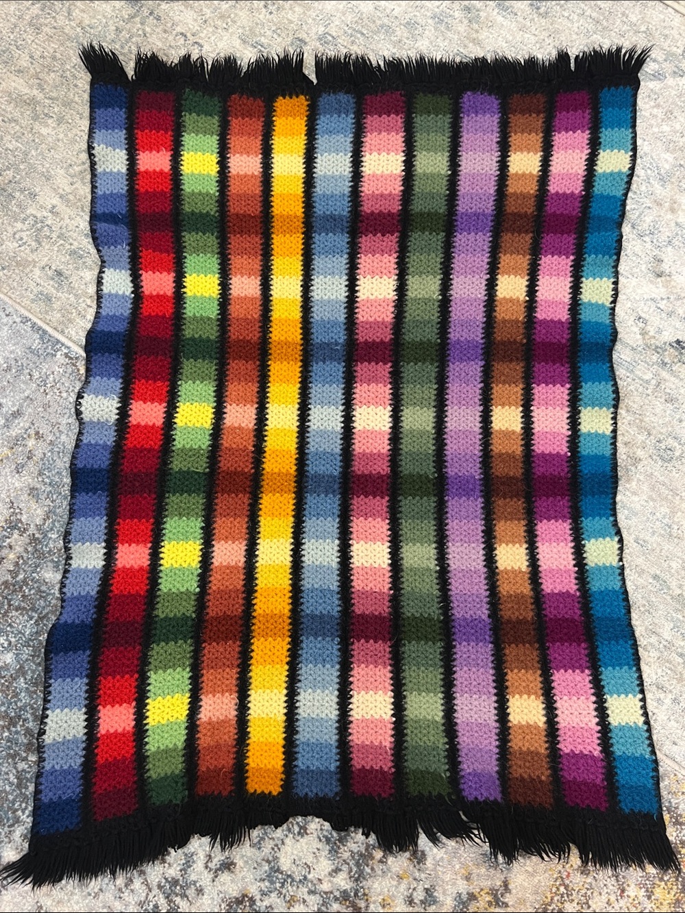 Vintage 70s Crochet Rainbow Striped Afghan Throw Blanket Fringe Boho Handmade